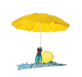 Photo of Open yellow beach umbrella, inflatable ball, blanket and diving equipment on white background