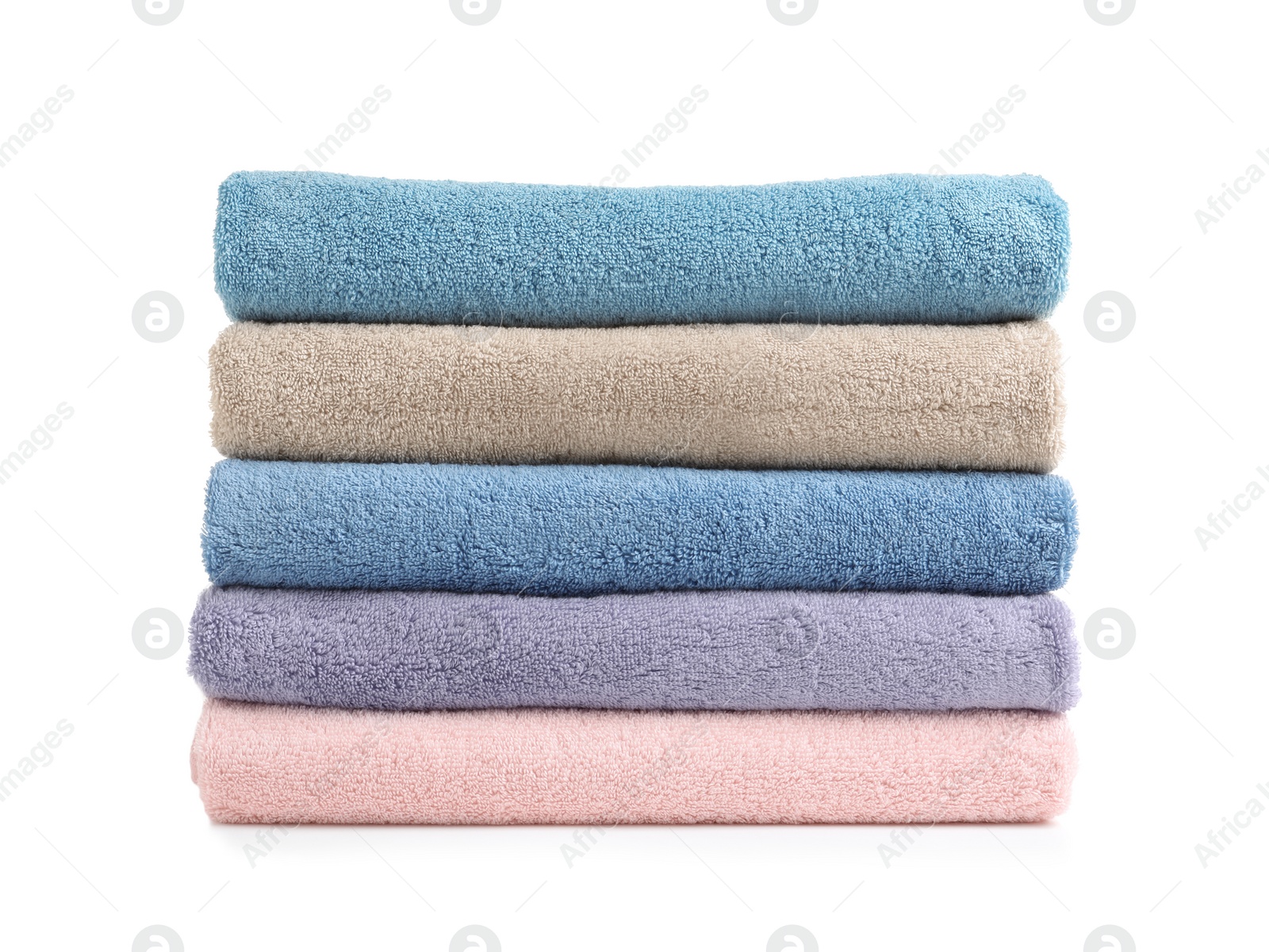 Photo of Stack of clean soft towels on white background