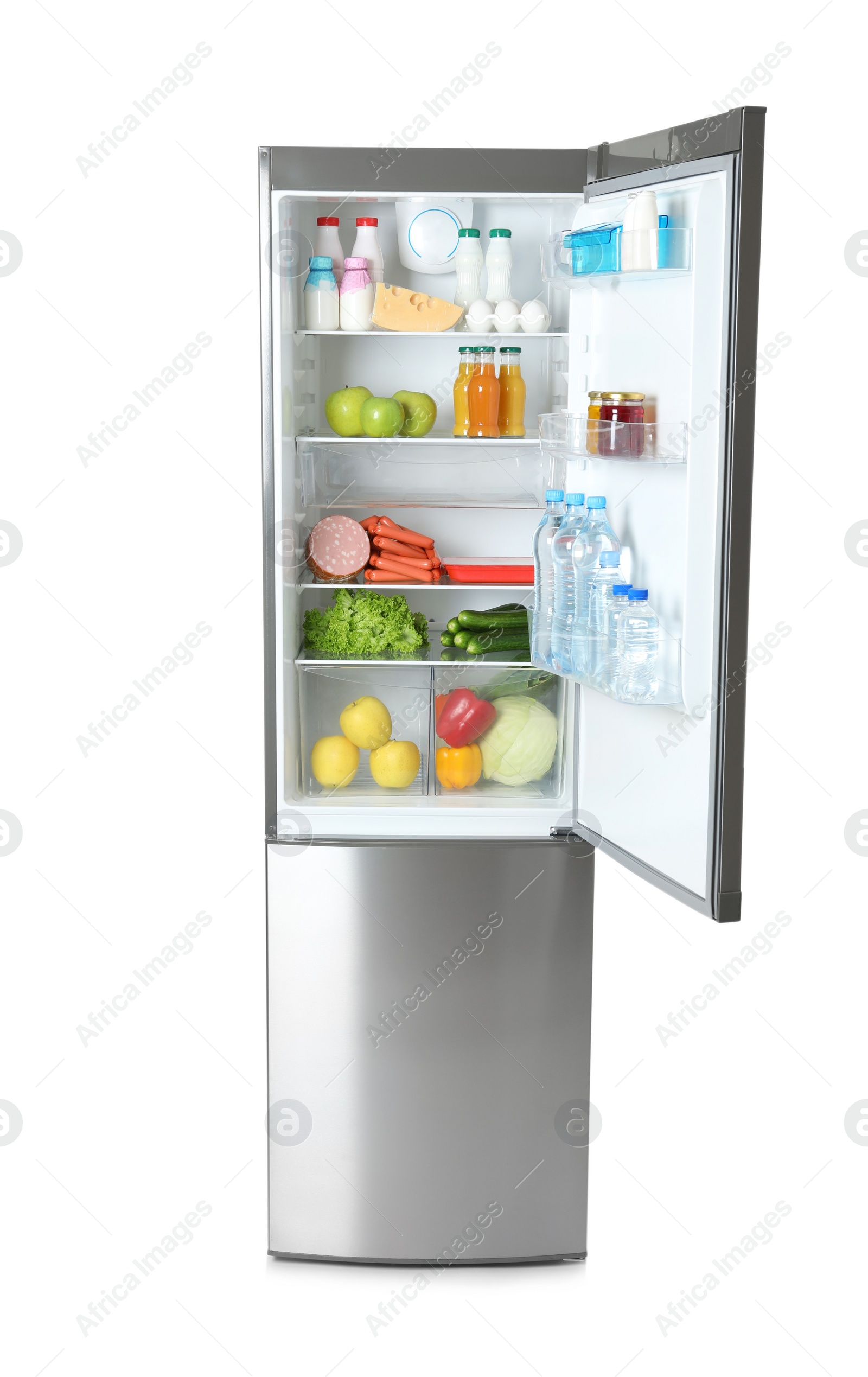 Photo of Open refrigerator with many different products on white background