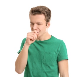 Teenage boy suffering from cough isolated on white