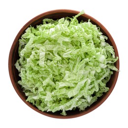 Photo of Pile of fresh ripe Chinese cabbage in bowl isolated on white, top view