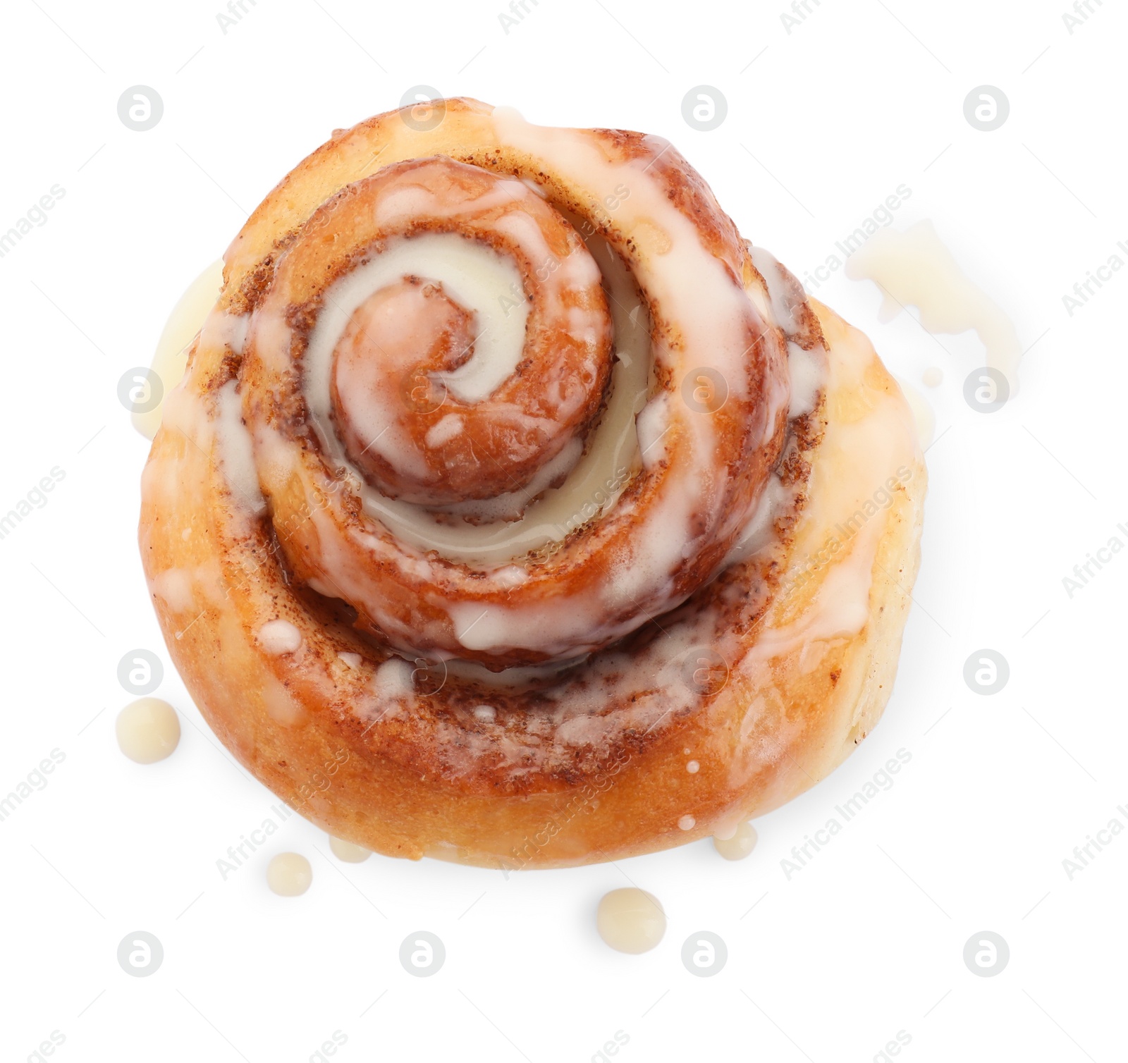 Photo of One tasty cinnamon roll isolated on white, top view