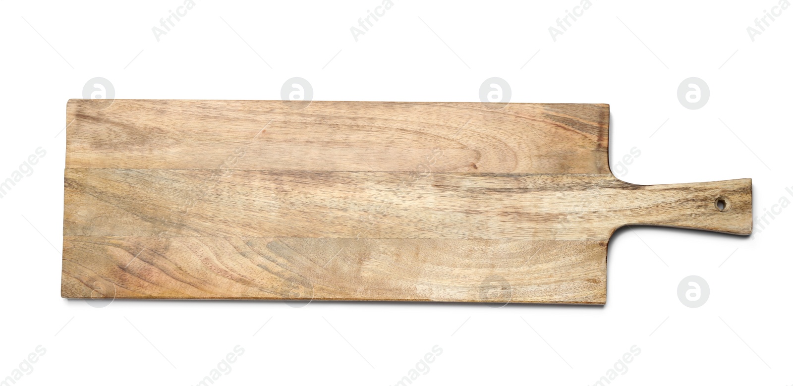 Photo of Empty wooden board isolated on white, top view