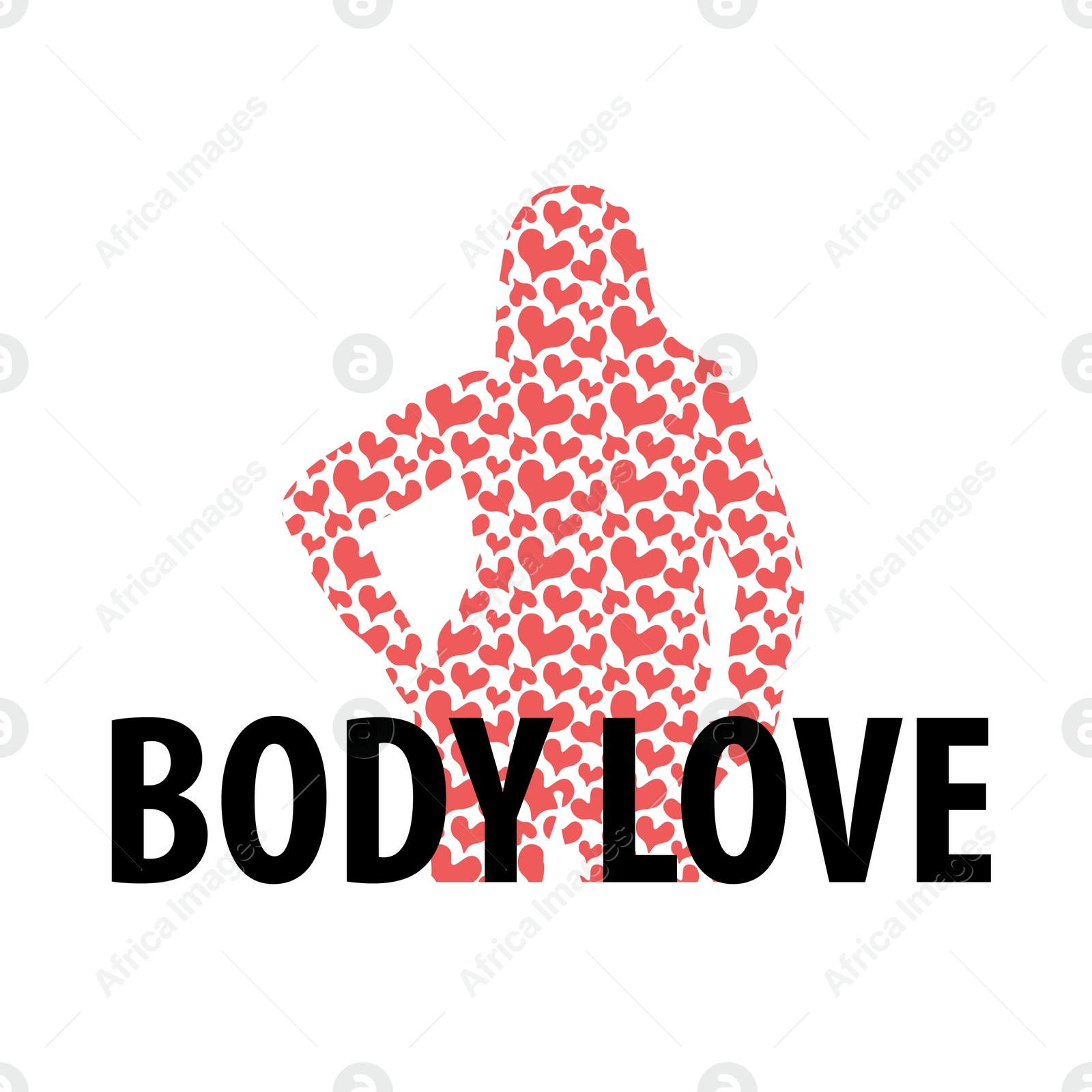 Image of Stop body shaming! Words Body Love and silhouette of woman made of hearts on white background