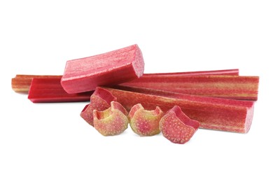 Photo of Cut fresh ripe rhubarb isolated on white