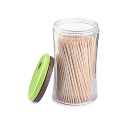 Photo of Wooden toothpicks in holder on white background