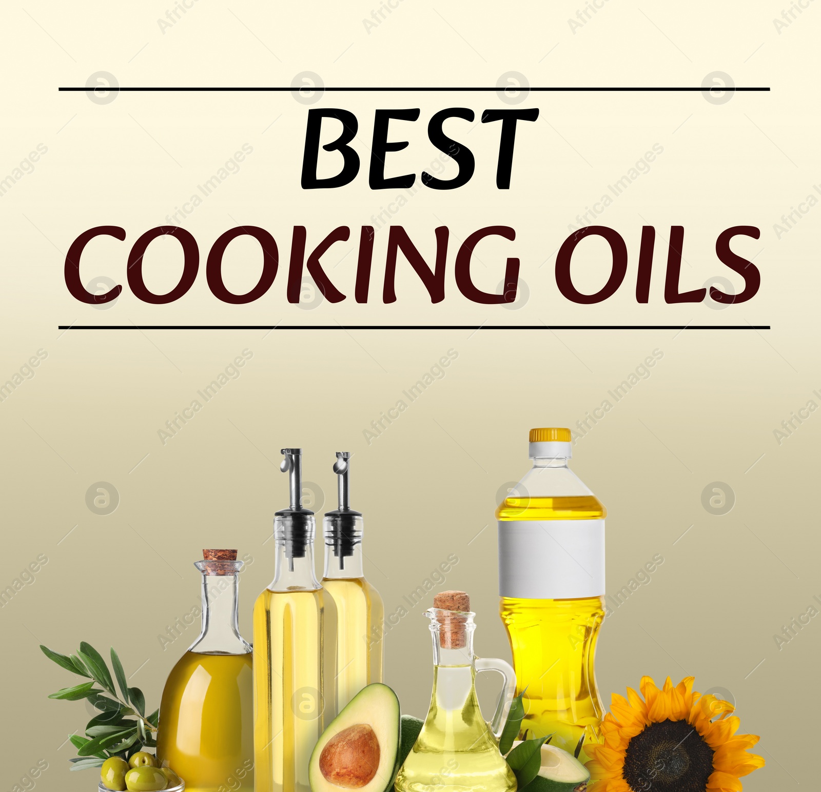 Image of Best for cooking. Different oils and ingredients on beige background