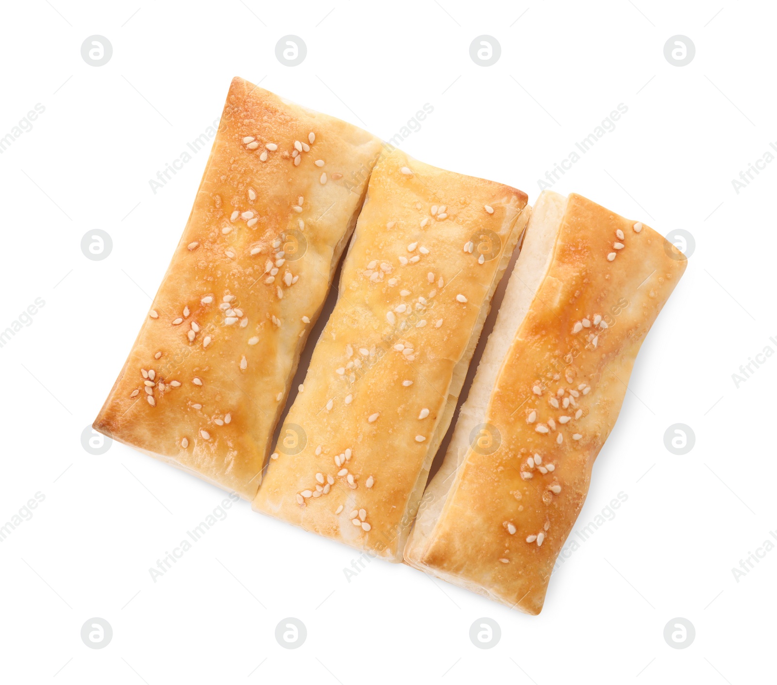 Photo of Delicious fresh puff pastries isolated on white, top view