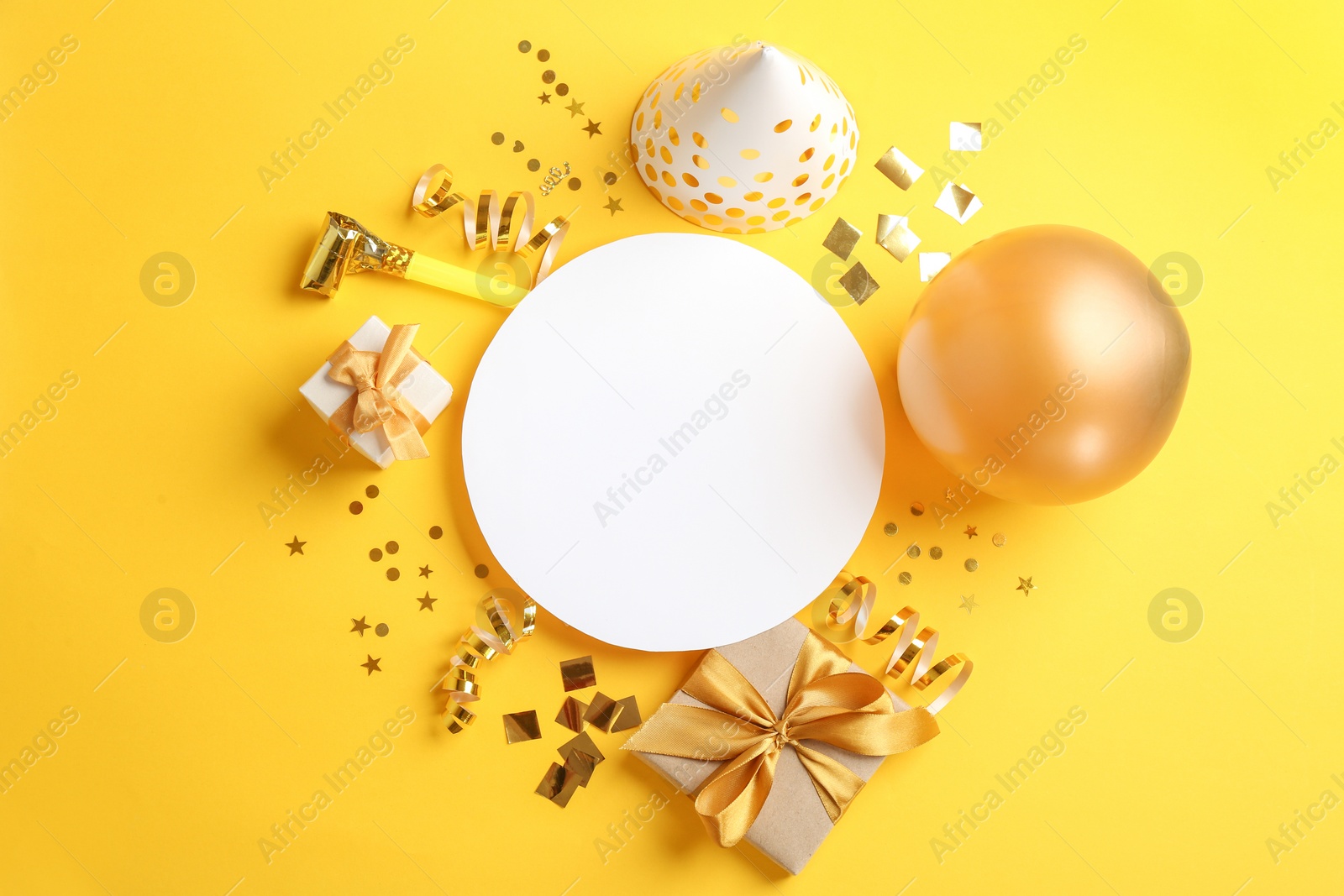 Photo of Flat lay composition with party accessories and space for text on color background