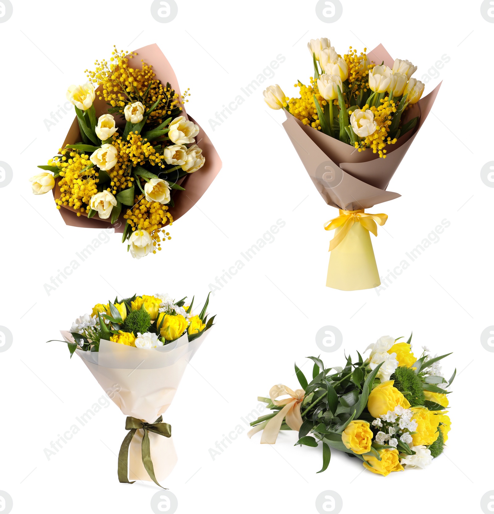 Image of Beautiful bouquets of tulip flowers isolated on white, set