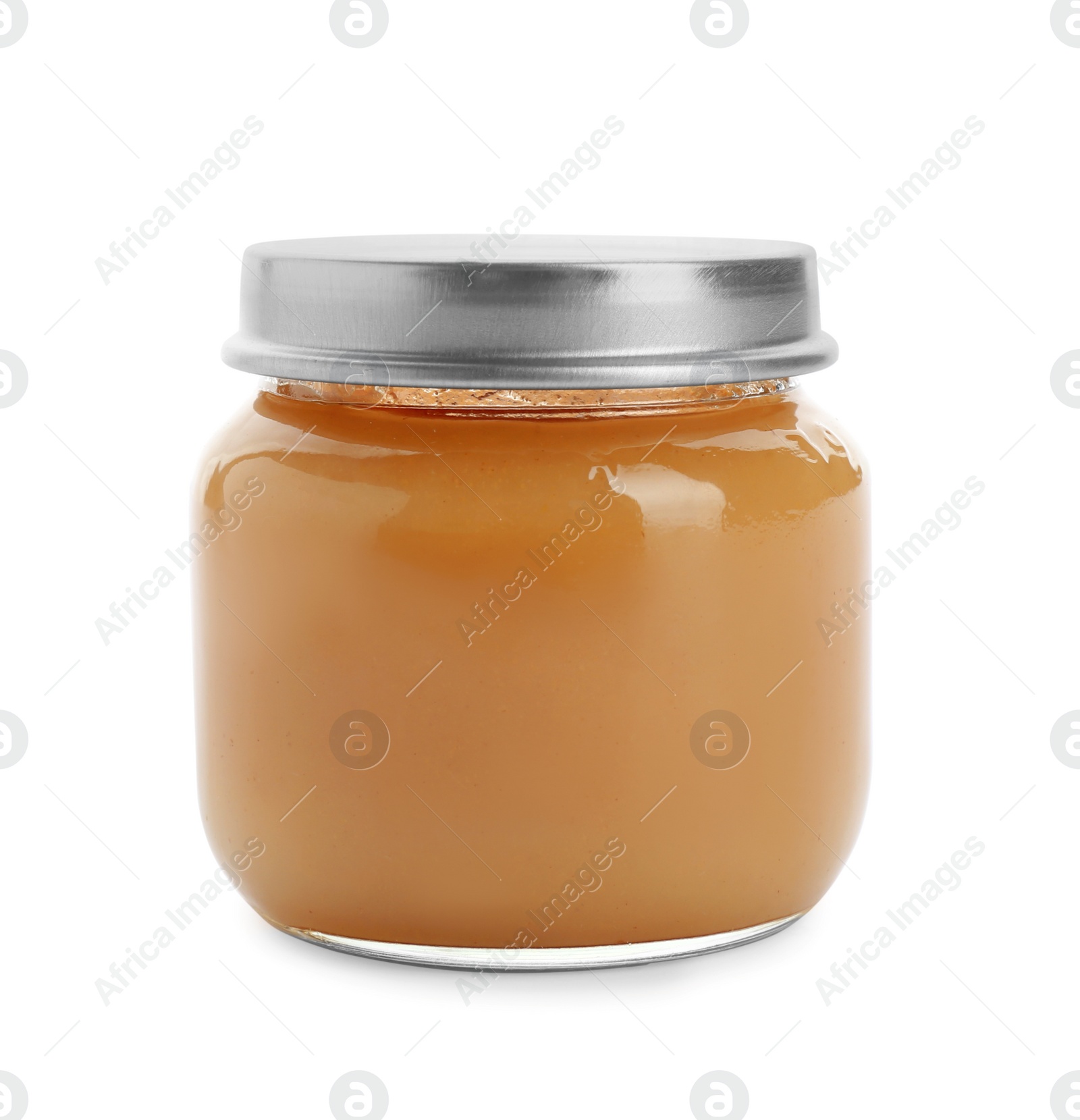Photo of Jar with healthy baby food on white background