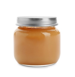 Photo of Jar with healthy baby food on white background
