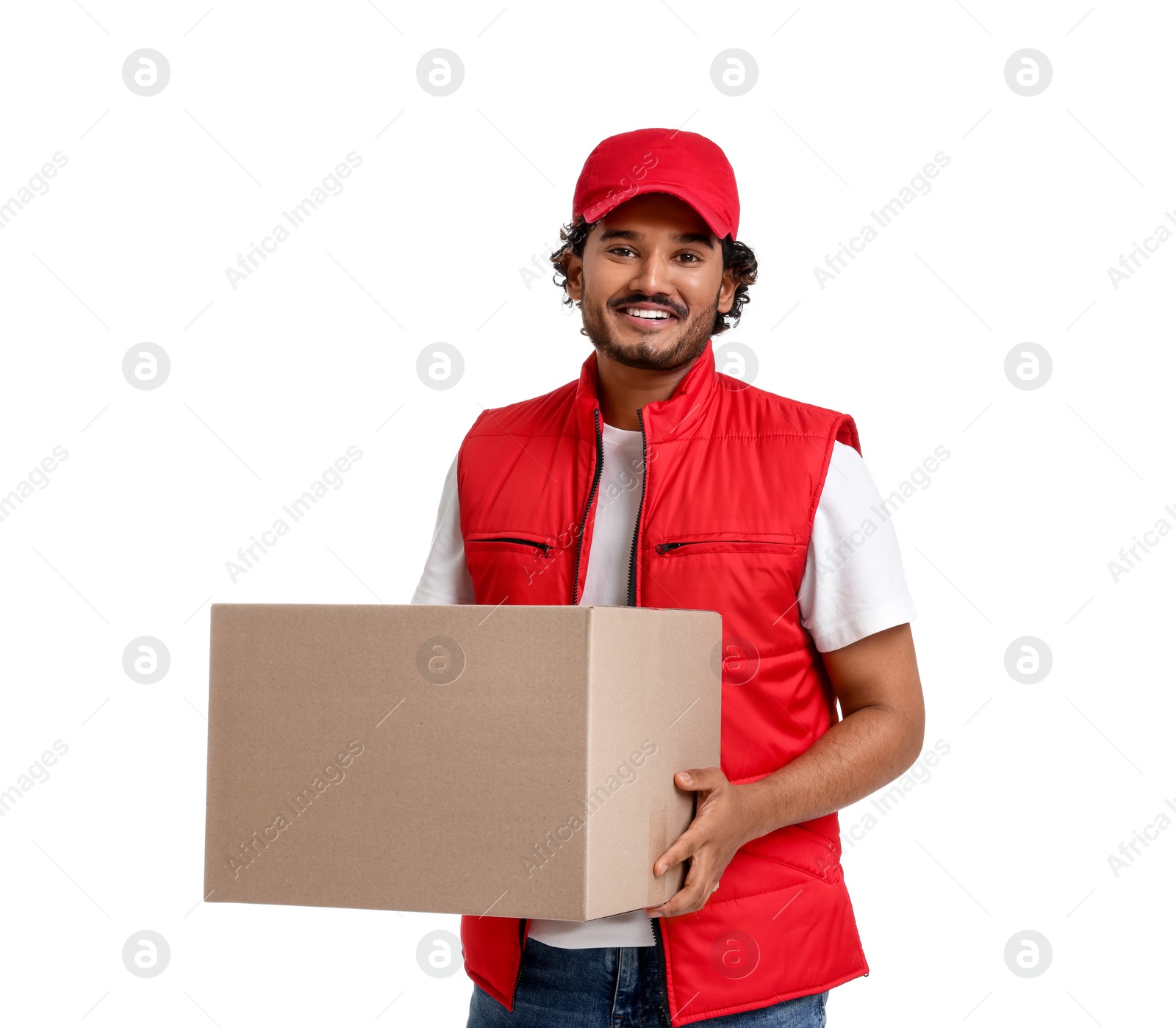 Photo of Happy courier with parcel on white background