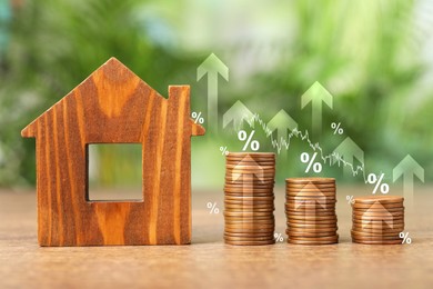 Image of Mortgage rate. Model of house, stacked coins, graph, percent signs and upward arrows