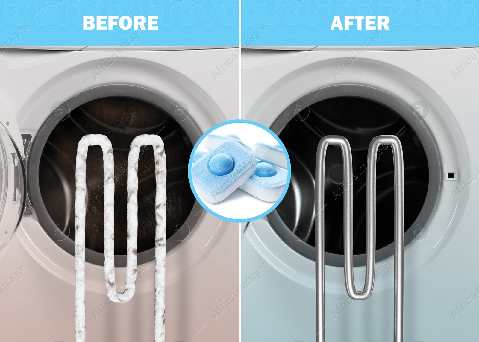 Image of Drum and heating element of washing machine before and after using water softener tablets, collage