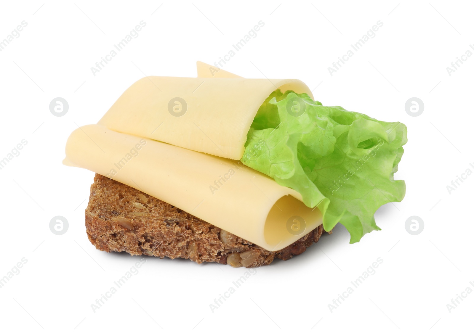 Photo of Tasty sandwich with slices of fresh cheese and lettuce isolated on white