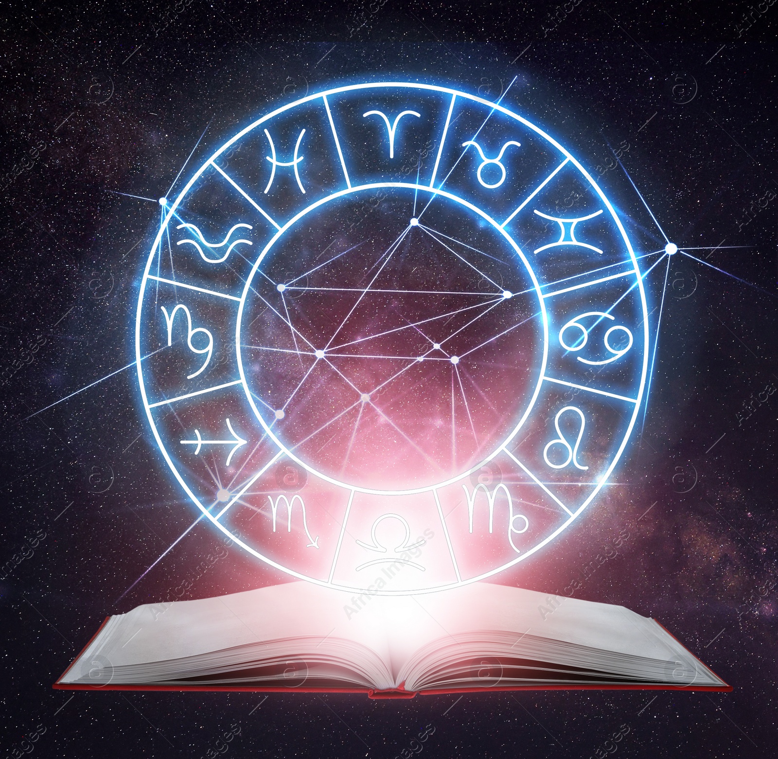 Image of Open book, illustration of zodiac wheel with astrological signs and starry sky at night