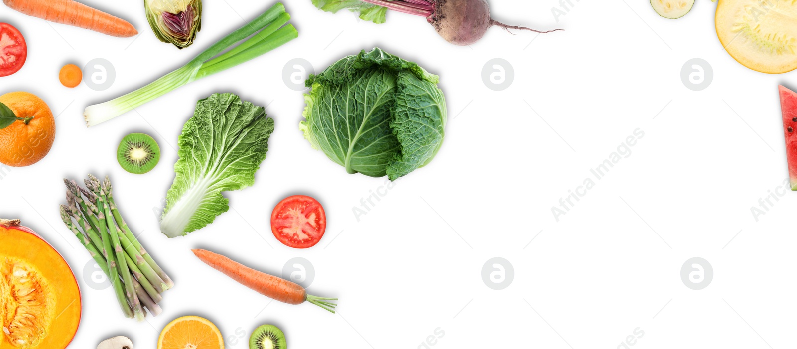 Image of Collage with many vegetables and fruits on white background, top view