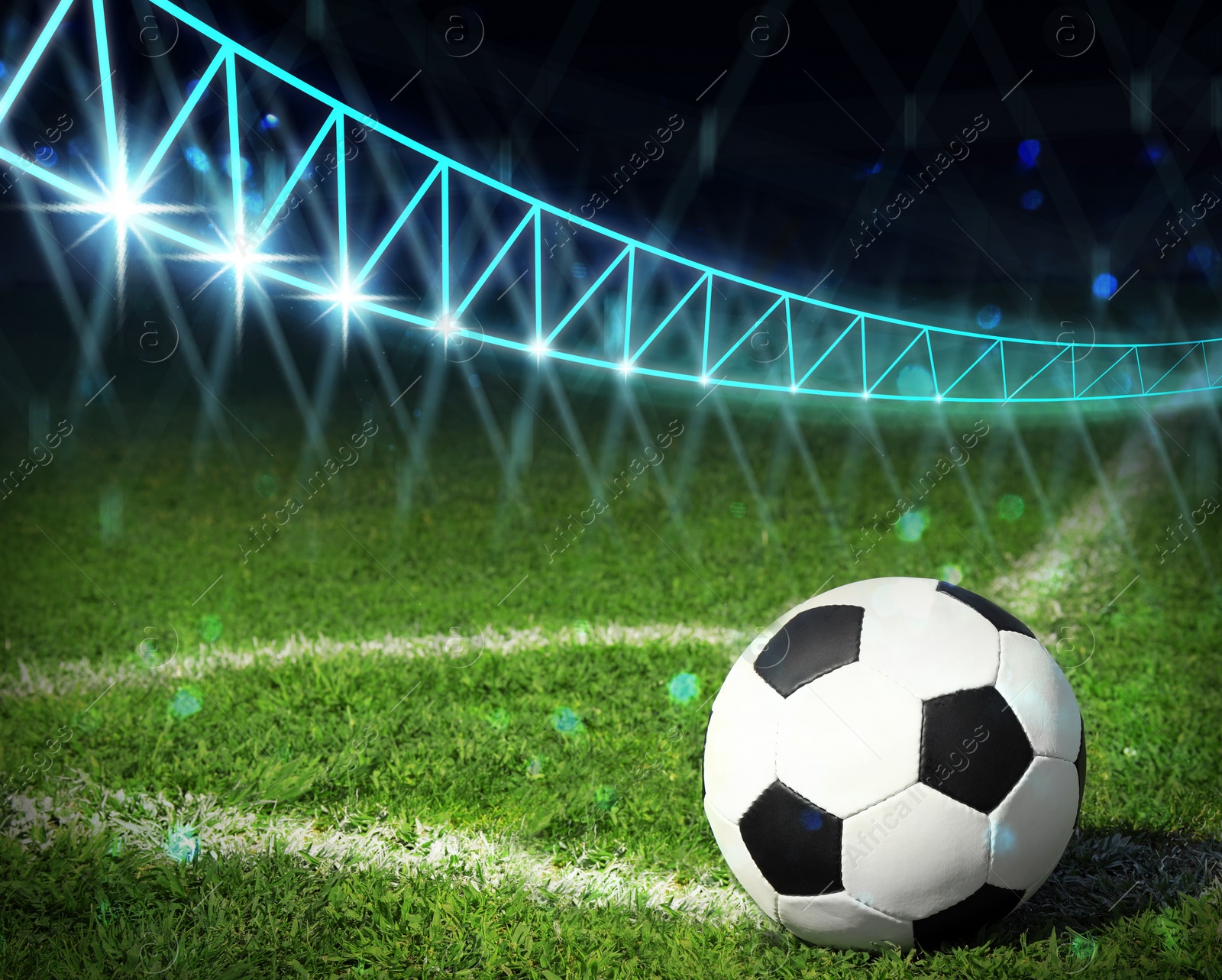 Image of Soccer ball on green football field, space for text 