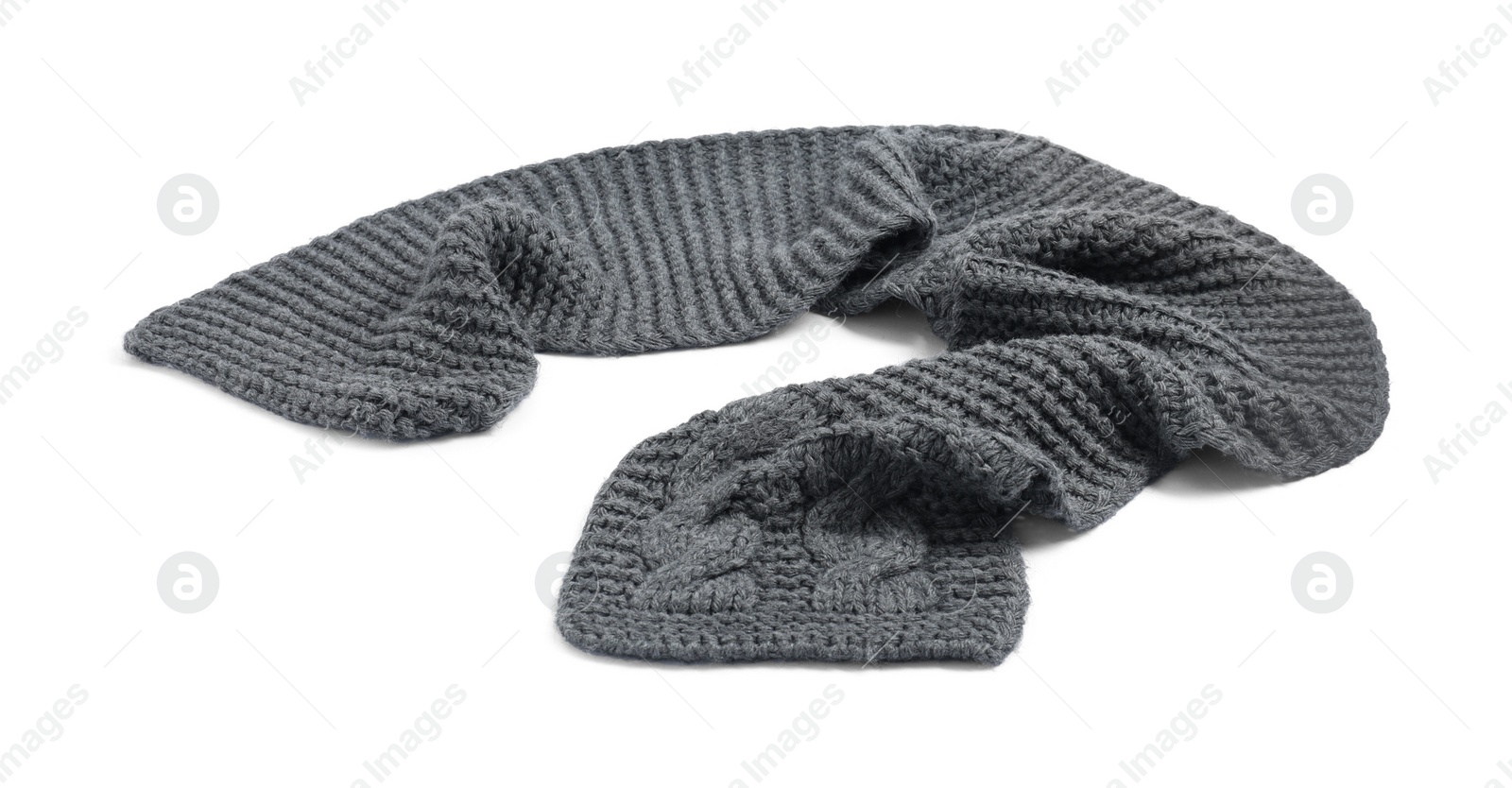 Photo of One grey knitted scarf on white background