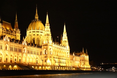 Photo of BUDAPEST, HUNGARY - APRIL 27, 2019: Beautiful night cityscape with illuminated Parliament Building