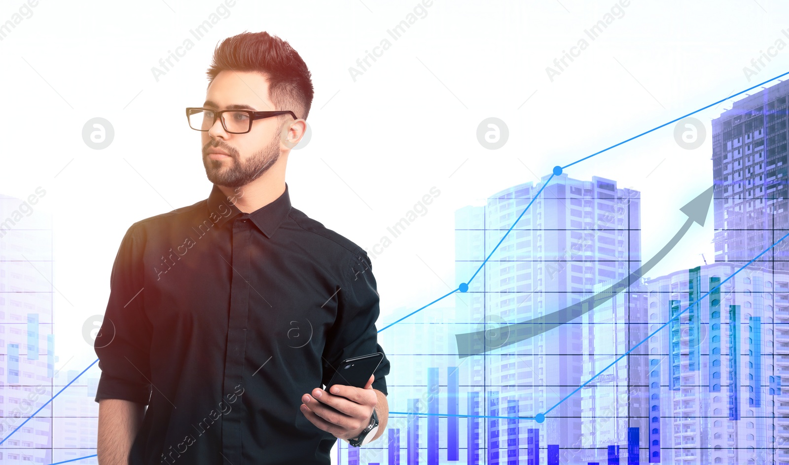 Image of Double exposure of businessman with smartphone and cityscape. Forex trading