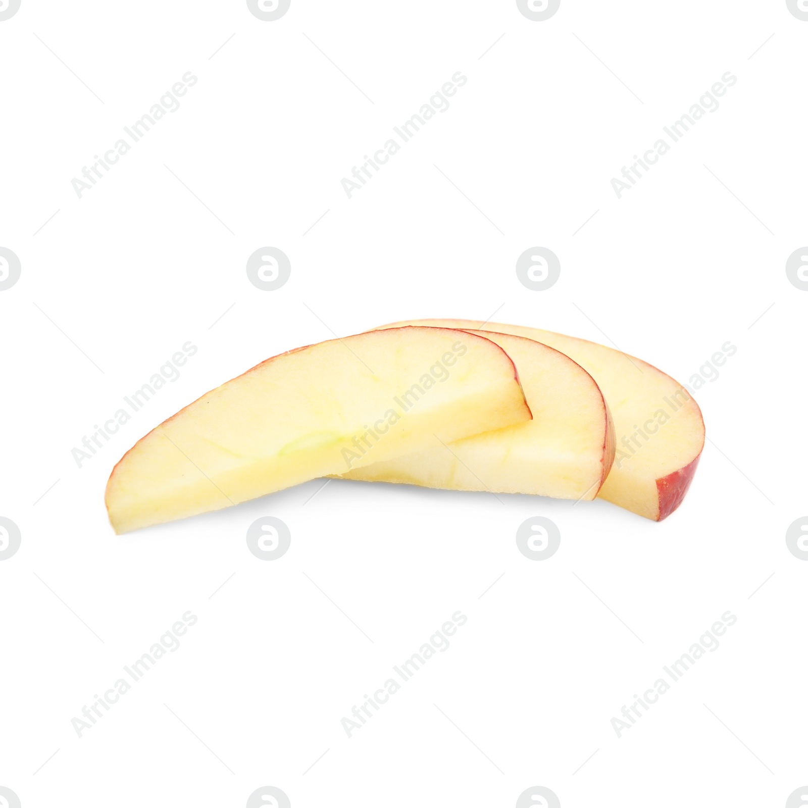 Photo of Slices of ripe juicy red apple on white background