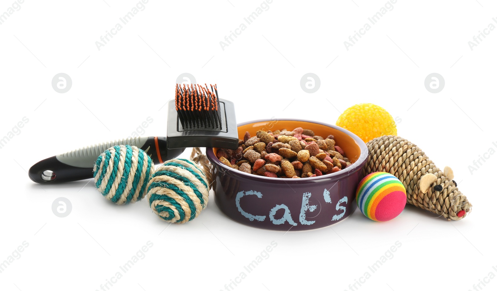 Photo of Cat's accessories and food on white background