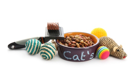 Photo of Cat's accessories and food on white background