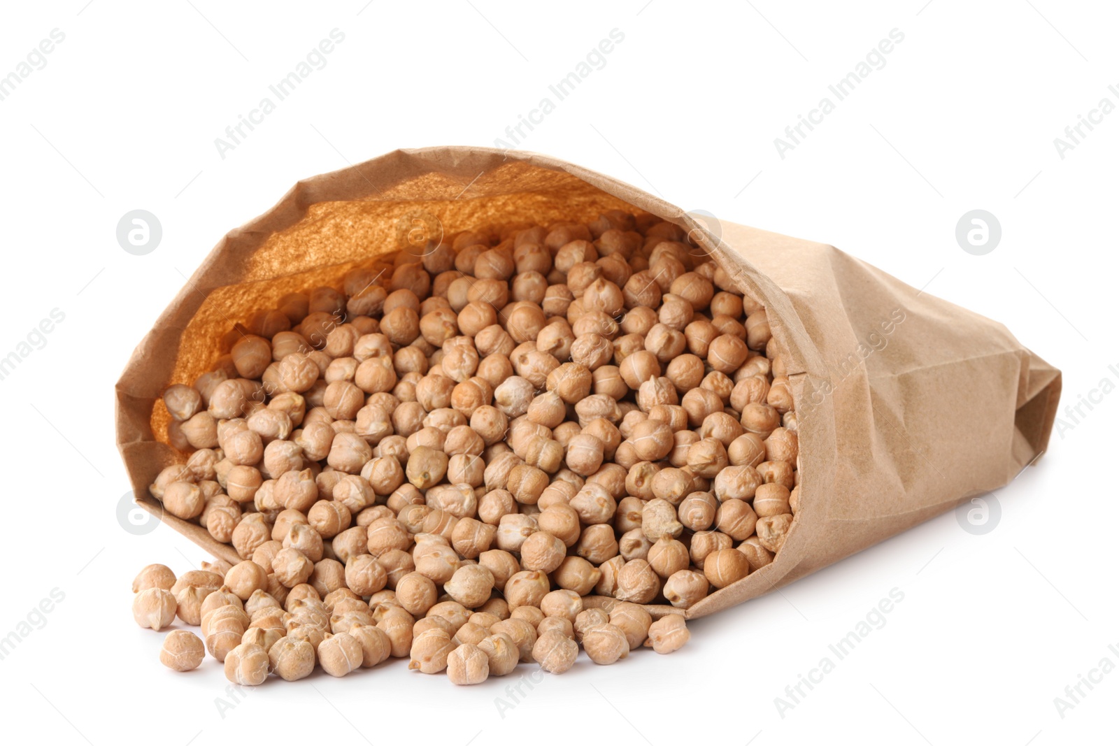 Photo of Raw chickpeas in bag on white background