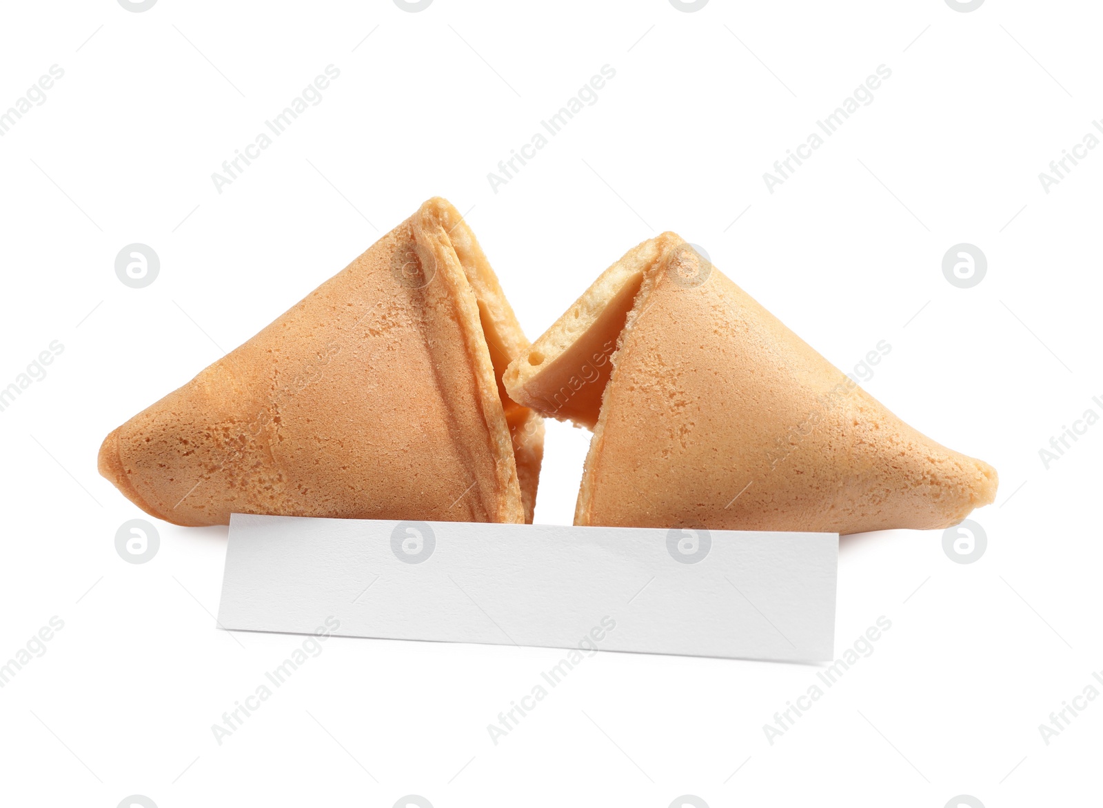 Photo of Cracked traditional fortune cookie with prediction on white background