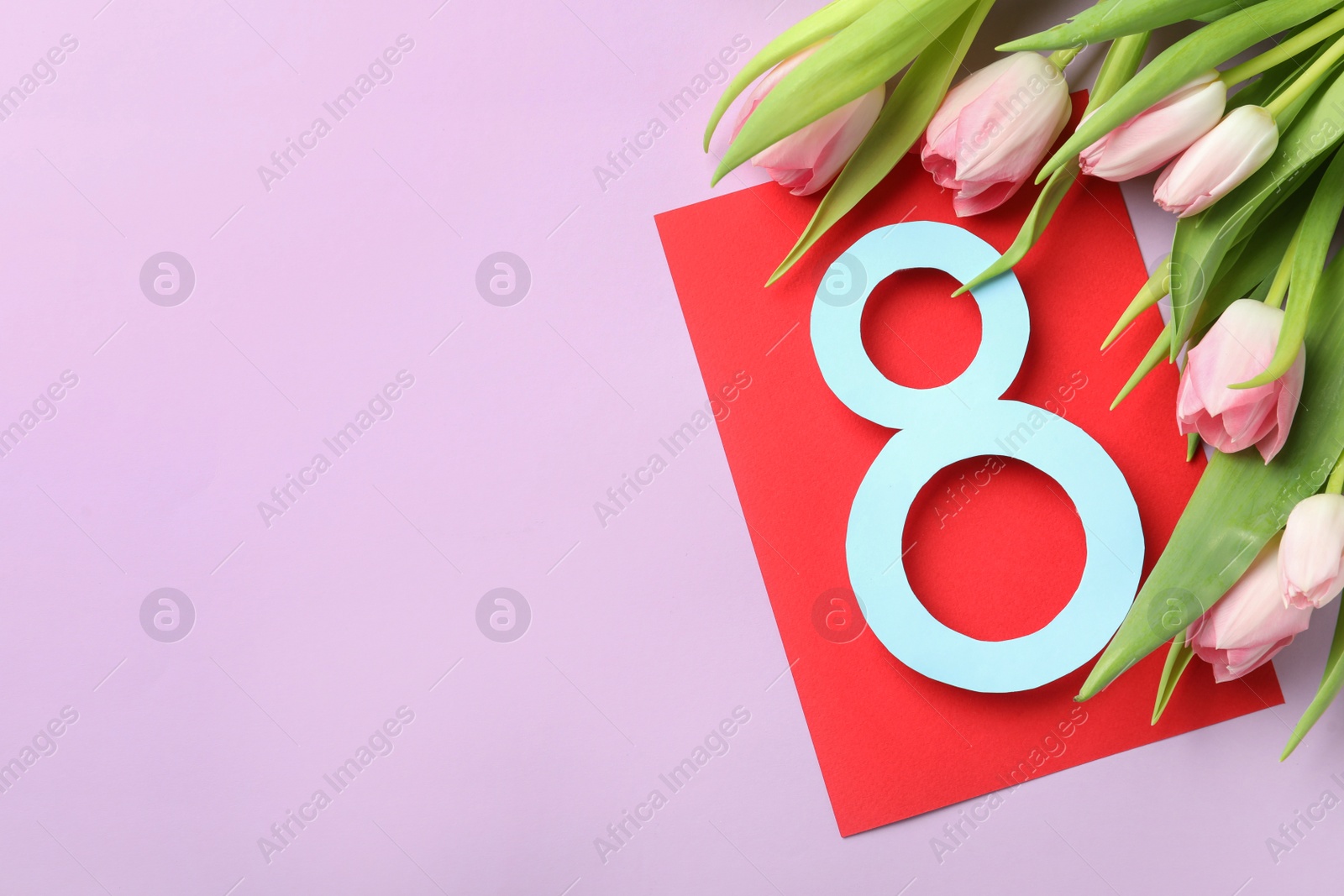 Photo of 8 March card design with tulips and space for text on violet background, flat lay. International Women's Day