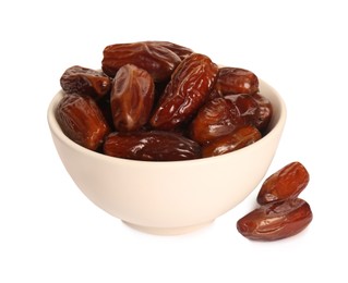 Photo of Sweet dried dates in bowl on white background