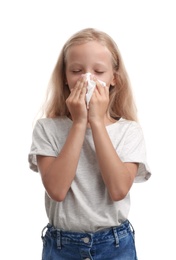 Photo of Little girl suffering from allergy on white background