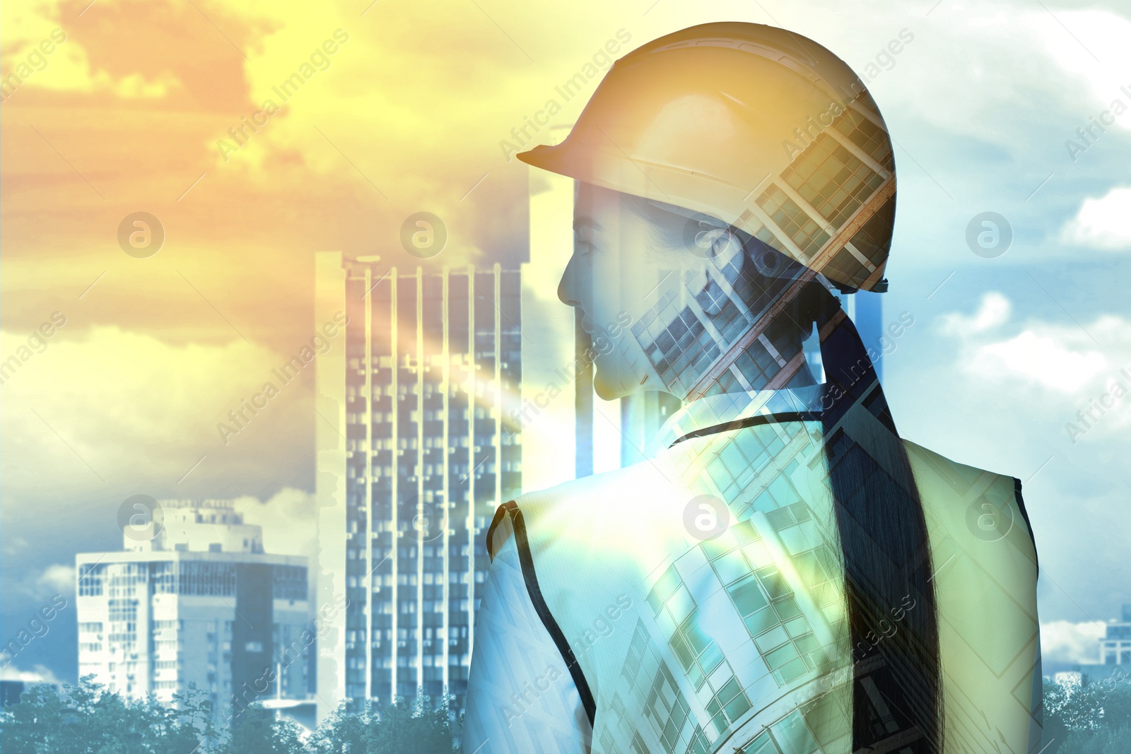 Image of Engineer in hard hat and cityscapes, multiple exposure