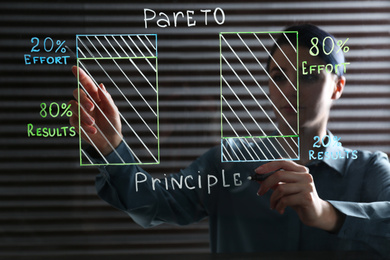 Woman writing 80/20 rule representation on glass board in office. Pareto principle concept