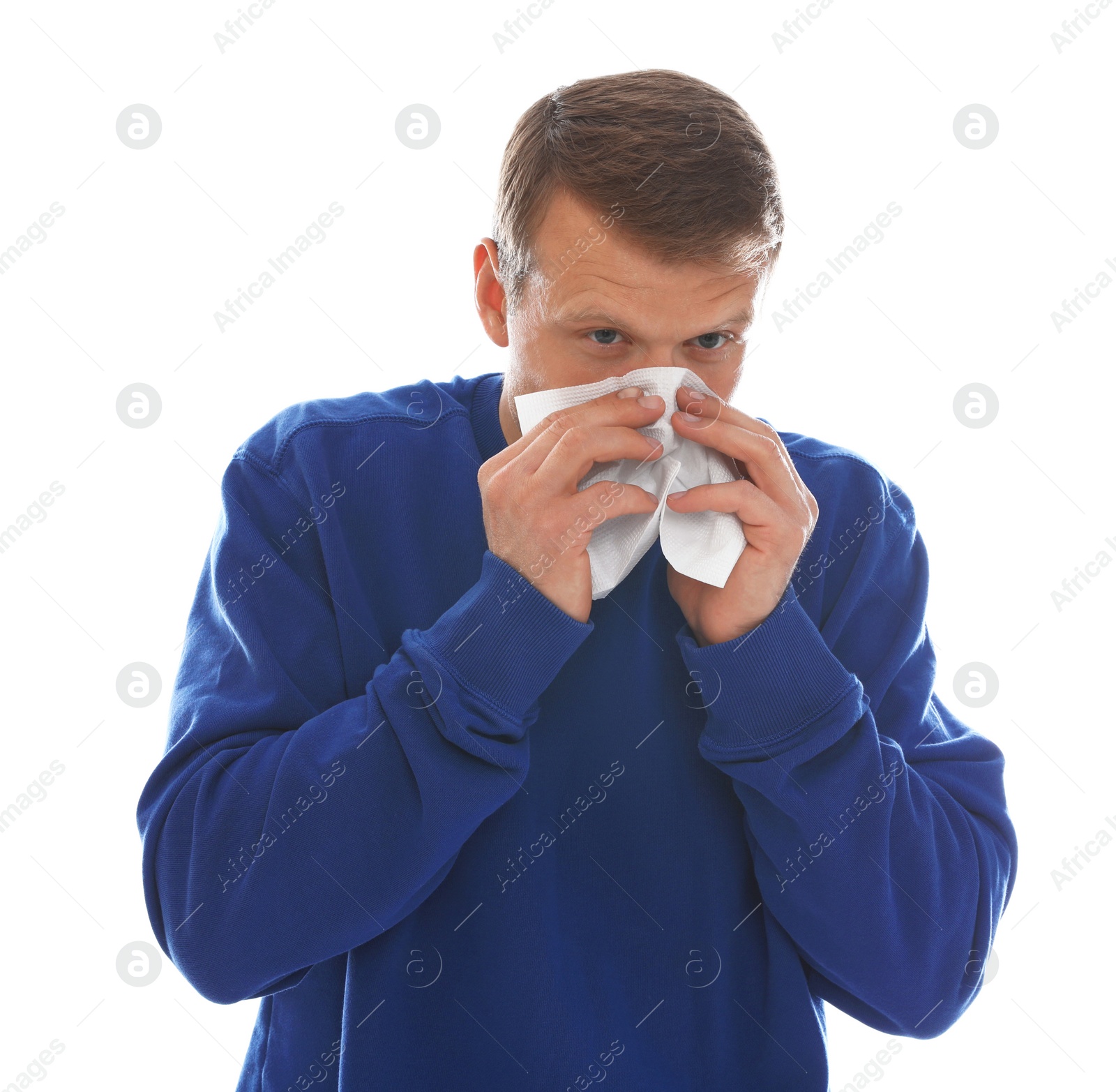 Photo of Man suffering from cold on white background