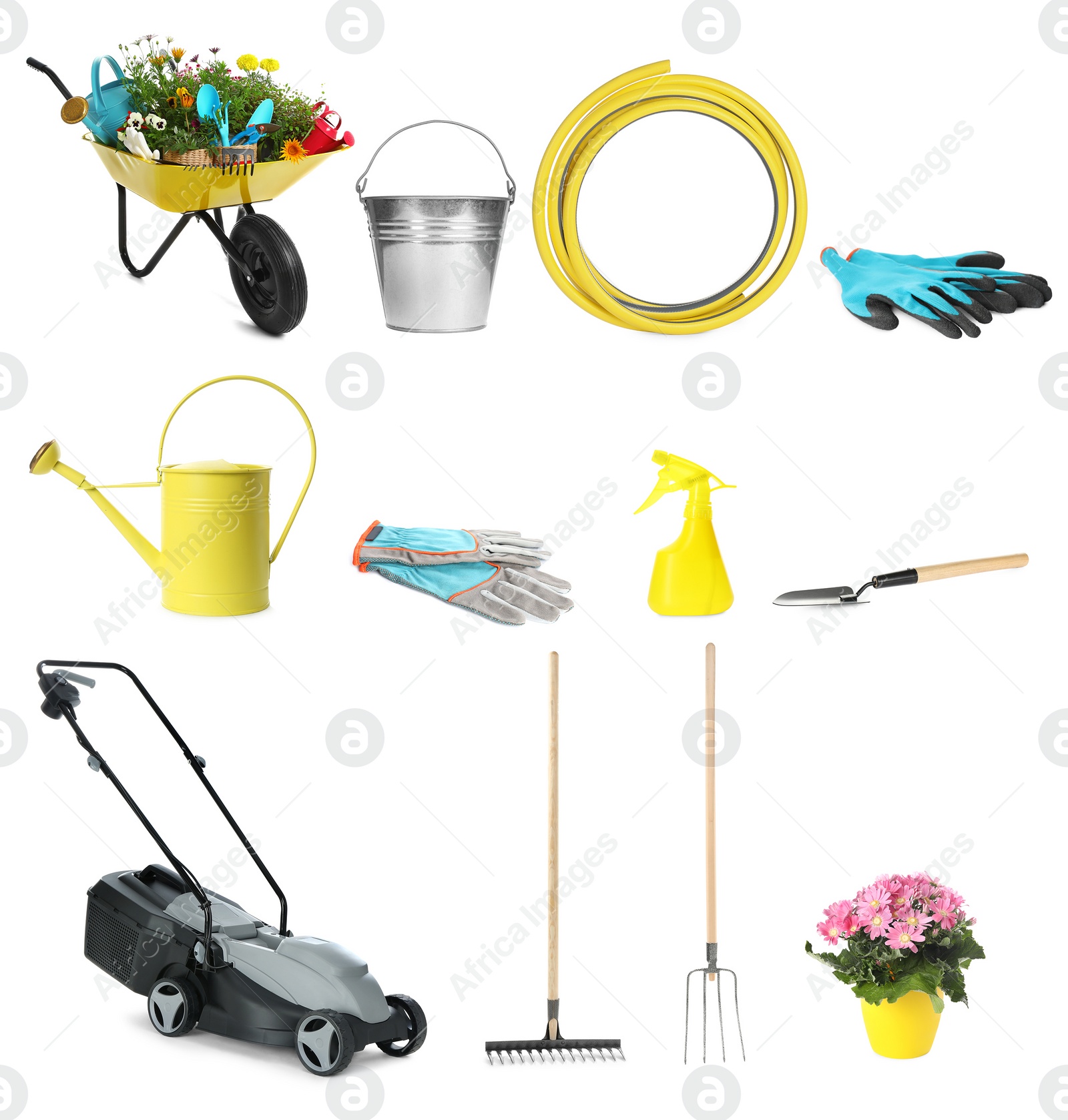 Image of Set with different gardening tools on white background