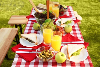 Picnic table with different snacks and drink in park