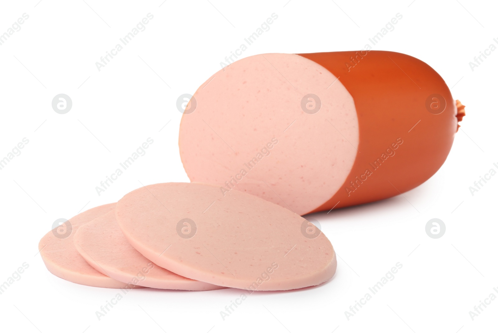 Photo of Tasty cut boiled sausage on white background