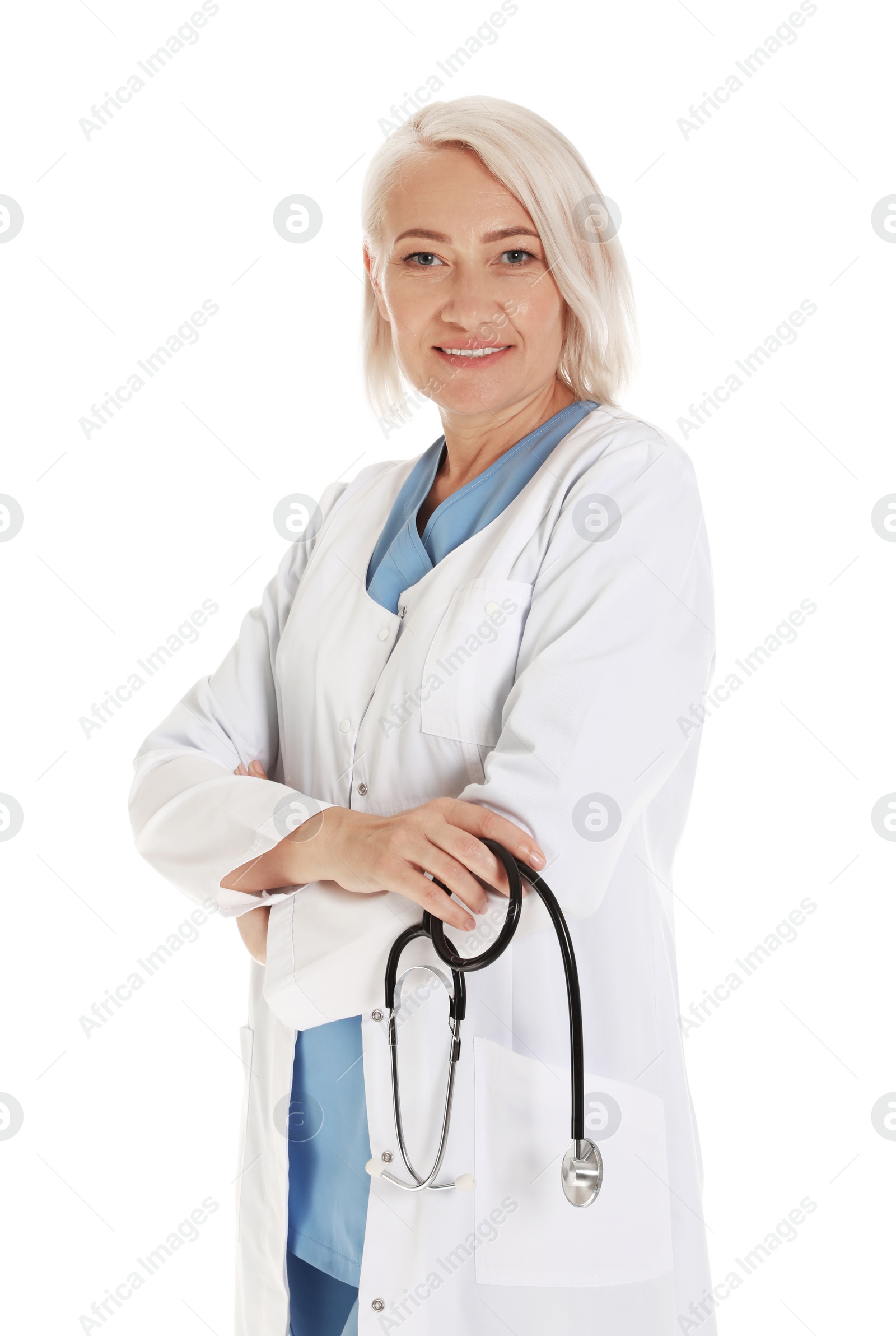 Photo of Portrait of female doctor isolated on white. Medical staff