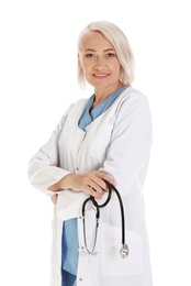 Portrait of female doctor isolated on white. Medical staff