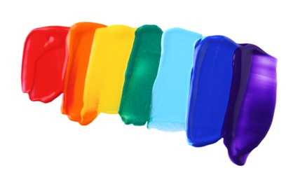 Multicolored paint samples on white background, top view