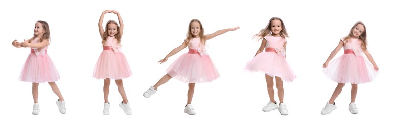 Image of Cute little girl dancing on white background, set of photos