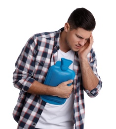 Man using hot water bottle to relieve chest pain on white background