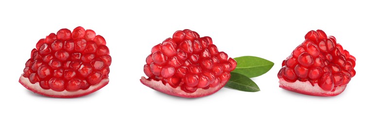 Image of Pieces of ripe juicy pomegranate on white background, collage. Banner design