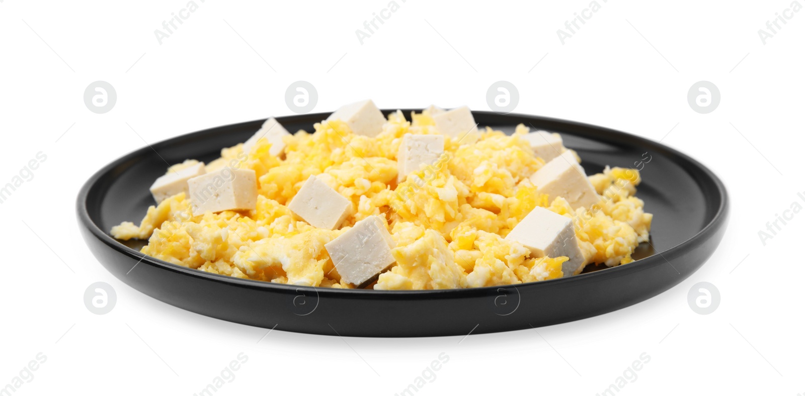 Photo of Plate of delicious scrambled eggs with tofu isolated on white