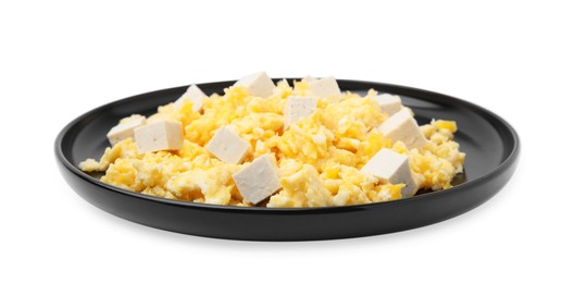 Plate of delicious scrambled eggs with tofu isolated on white