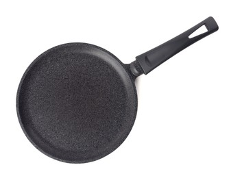 Photo of New crepe frying pan isolated on white, top view. Cooking utensils