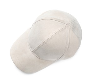 Photo of Stylish baseball cap on white background, top view